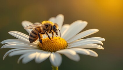 A bee collecting pollen from a daisy flower in a blurred background