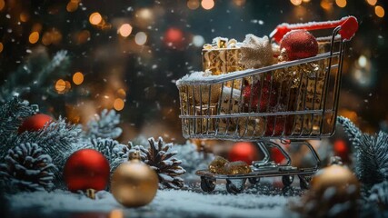 Miniature shopping cart overflowing with wrapped gifts and red ornaments in falling snow, soft bokeh lights and twinkling holiday decorations against a dark blue winter backdrop - Powered by Adobe