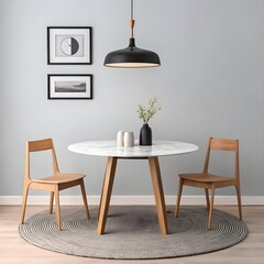 Fototapeta premium Modern Dining Room Interior with Round Marble Table and Wooden Chairs
