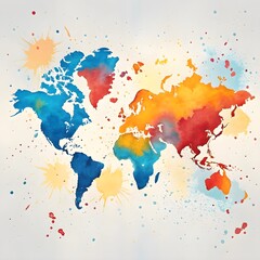 Obraz premium Watercolor World Map Colorful Illustration Global Travel and Connection Concept