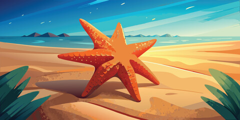 Vibrant starfish resting on a sandy beach with a calm ocean and distant mountains