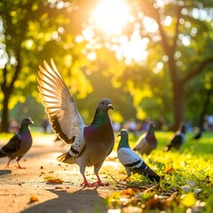 Pigeons in a park bathed in sunlight