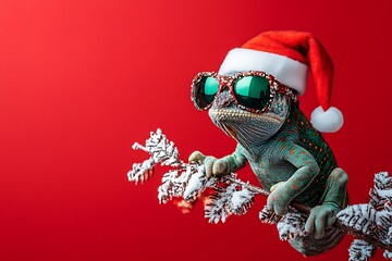 Cute Christmas chameleon accessorized with shades and a festive hat.