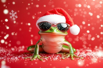 Cute Christmas frog sporting sunglasses and a festive hat.
