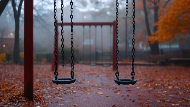Empty swings in a foggy autumn playground scene