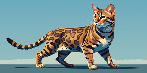 Bengal cat standing gracefully against a blue background with a curious expression on its face