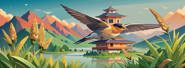 A barn swallow flies over a lake with a pagoda and mountains landscape, perfect for card and other design needs