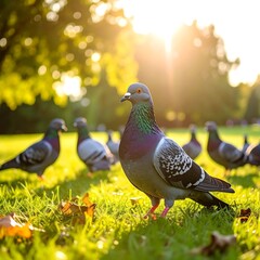 Pigeons in a park at sunset