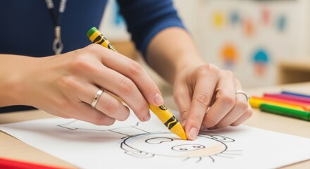 Coloring activity with yellow crayon on paper, ideal for kids. This coloring activity demonstrates how someone creates art with crayons, focusing on developing creativity skills.