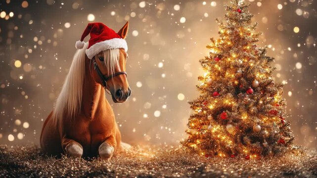 Cheerful horse with a blonde mane wearing a Santa hat rests by a decorated Christmas tree amid gentle snowfall, golden bokeh and twinkling lights for a festive holiday card