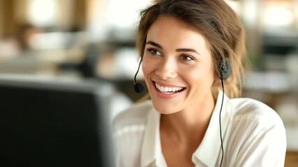 Cheerful call center agent assisting defocused computer, faceless flight booking, customer visualization detail, blurred workspace background, assistance concept, professional inte