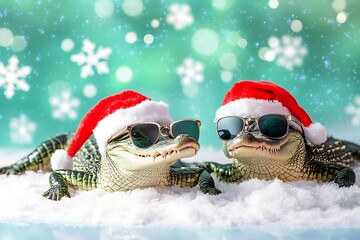 Holiday-themed alligators with sunglasses and Santa-style caps.