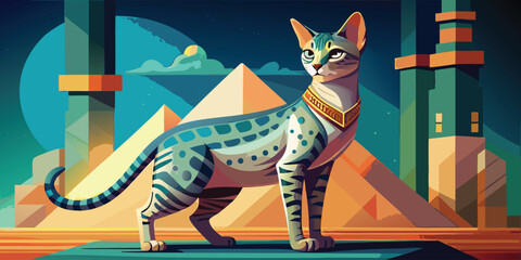 Elegant egyptian mau cat standing proudly in front of pyramids and ancient architecture
