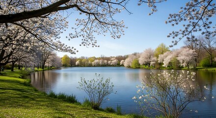 Beautiful Spring Cherry Blossom Trees Reflecting in a Calm Lake Under a Clear Blue Sky.