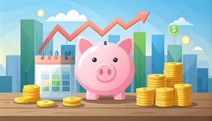 Piggy bank, coins, calendar, growth chart, cityscape