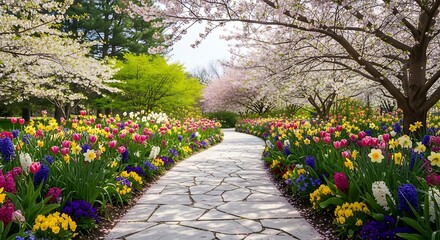 Beautiful Spring Garden Pathway Lined with Colorful Tulips and Blooming Cherry Trees.