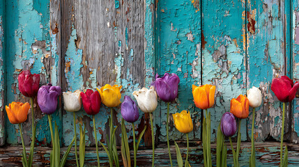 Fototapeta premium Colorful tulips against weathered turquoise wood flowers floral