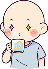 Cute bald child drinking a refreshing beverage