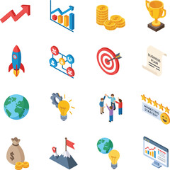 Isometric business and finance icons set depicting growth, strategy, success, and global ideas.