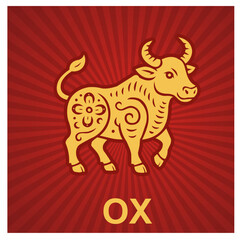 Fototapeta premium Chinese Zodiac Ox Icon Traditional Red Gold Vector Art