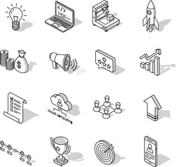 Isometric line icons representing various business, technology, and startup concepts like ideas, development, marketing, finance, growth, and teamwork.