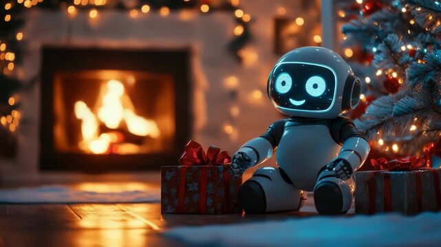 Sweet robot perched beside beautifully wrapped gifts beside a festive Christmas tree, with a crackling fire in the cozy fireplace casting a warm glow in the background