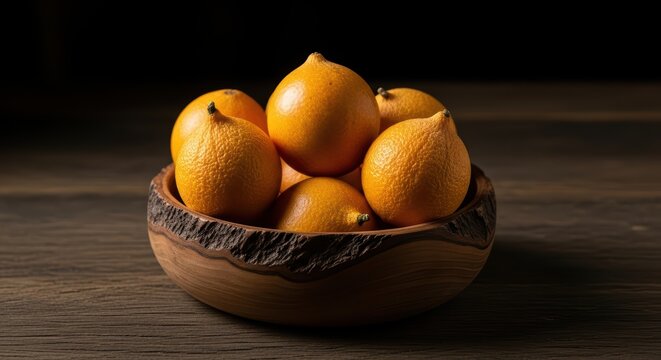 Fresh kumquats in rustic wooden bowl on dark wood surface - Powered by Adobe