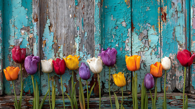 Colorful tulips against weathered turquoise wood flowers floral - Powered by Adobe