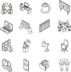 Isometric line art icons depicting various aspects of business, office work, meetings, and productivity, including technology and collaboration.