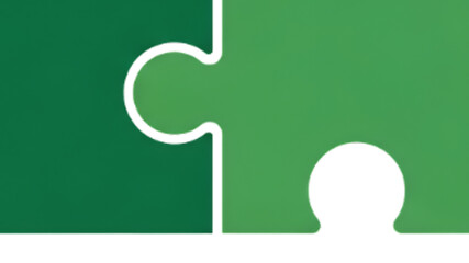 Two green puzzle pieces connecting on a clean white background, symbolizing teamwork and solutions.