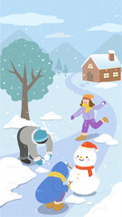 Winter landscape with kids enjoying outdoor activities: snowball fight and snowman