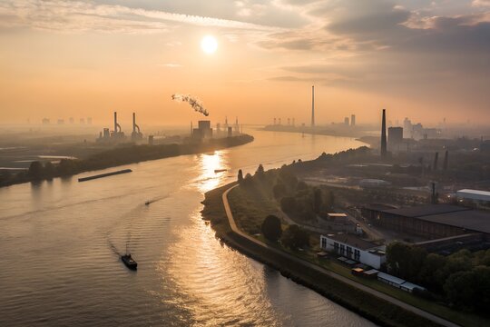 Suizhou City Hubei Province China river view at dusk with cityscape and industrial areas under a soft sky.