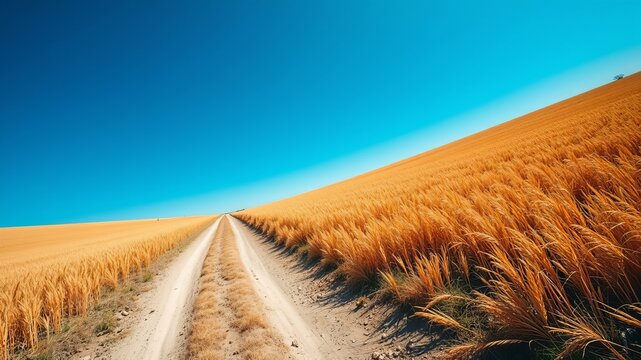 A sunlit dirt road stretches into the distance between golden wheat fields under a clear blue sky on a hot summer day creating a rural countryside scene.