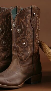 Vertical video: Camera capturing cowboy boots with conchos on studio table and straw hat brim