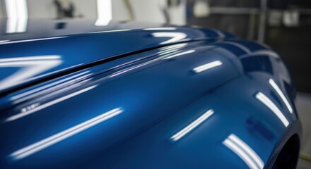 Fototapeta premium Car detailing with glossy, reflective paint shows excellent car detailing techniques. Car detailing of vehicle surface shows smooth, flawless bodywork, including lights and trim pieces.