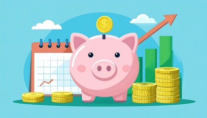 Piggy bank with coins and growth chart, symbolizing savings and investment
