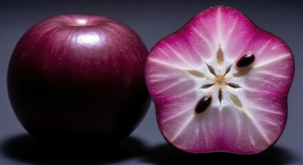 Purple apple cross-section with glossy skin and starlike core pattern