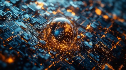 Digital world globe on circuit board with glowing lights, symbolizing global connectivity