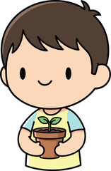 Cute boy holding a potted plant illustration