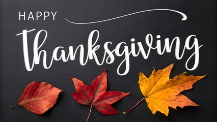 Happy thanksgiving with autumn leaves on a dark background