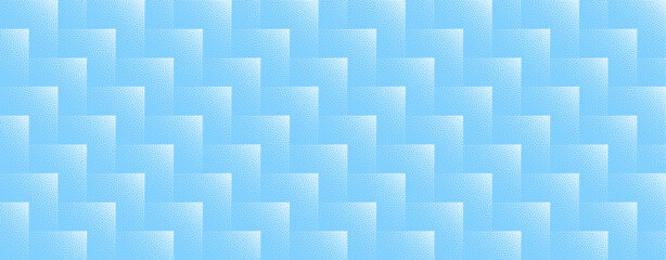 Vector abstract wide panoramic background with light blue chevron zigzag pattern. Digital halftone structure backdrop with icy, transparent, grainy texture evokes clarity, tech and security aesthetics