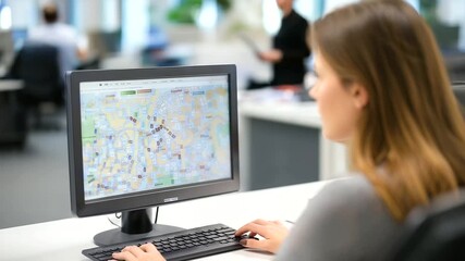 Woman at computer with map screen defocused office, faceless travel planning, destination visualization detail, blurred workspace background, tourism concept, agent interface, rese