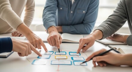 Teamwork in office: Brainstorming session shows process chart, teamwork for project management and collaboration, teamwork for business meeting. Active teamwork makes success on strategy,