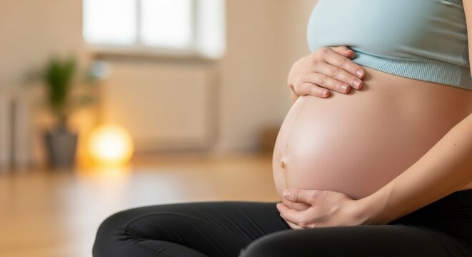 Pregnancy portrait of woman sitting in yoga pose, embracing her baby bump with love and care. Pregnancy portrait shows dedication to healthy lifestyle during anticipation of motherhood,