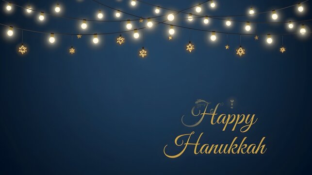 Festive hanukkah lights on a dark blue background with golden greeting - Powered by Adobe