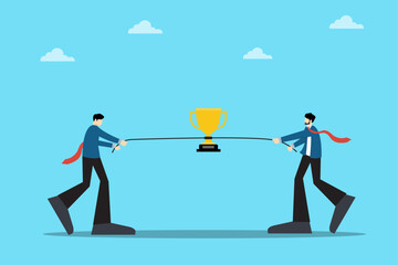 Vector illustration of two businessmen pulling a rope with a trophy in the middle. Represents ambition, teamwork, healthy competition, and the struggle to achieve success in the business world.