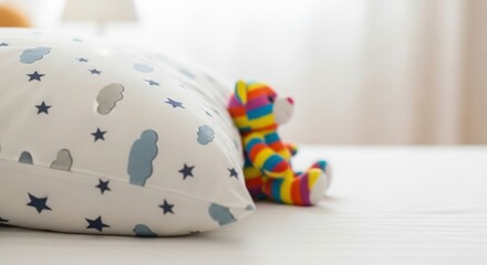 Baby pillow is perfect for newborn and small children on white bedsheet with rainbow teddy bear. Baby pillow made of soft, patterned material with stars, clouds,