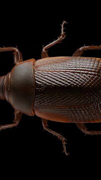 Vertical video: Camera capturing right half of brown beetle in studio lighting, highlighting elytra