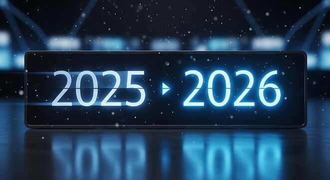Digital display shows the transition from 2025 to 2026 with futuristic blue neon lights and a bokeh background.