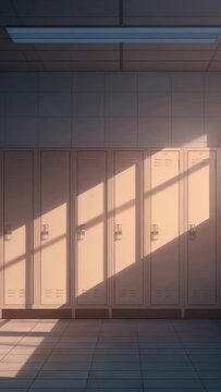Vertical video: Shifting sunbeam casting shadows across beige lockers, tiled floor in corridor